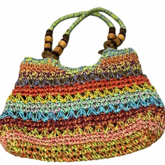 Cappelli Straworld Shoulder Bag Boho Rainbow Colors Beaded Handles Zipper Green - Picture 2 of 5